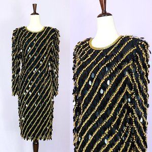 Vintage Sho Max Originals black gold sequin dress
